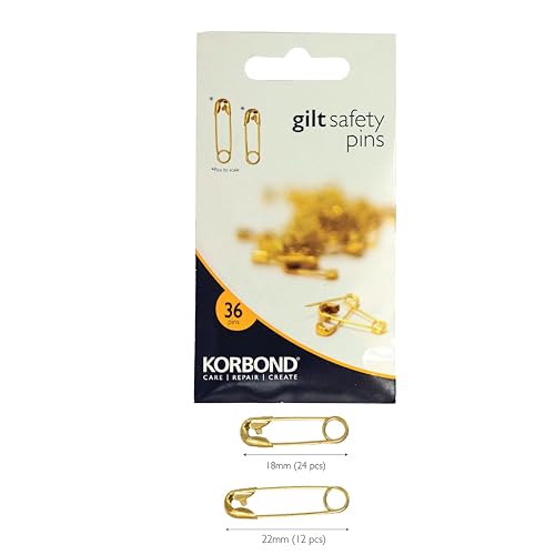KORBOND Safety Pins - 36 Pack Gilt Assorted Sizes for Light Fabrics | Hardened Steel 2