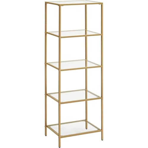 VASAGLE 5-Tier Glass Shelf Bookcase - Tempered Glass, Metallic Gold Frame | 40W x 124.5H cm 9