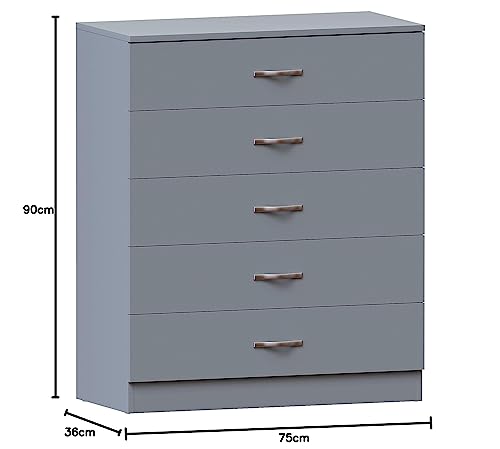 Vida Designs Riano 5 Drawer Chest of Drawers - Grey | Metal Handles & Runners | MDF/Chipboard Construction 3