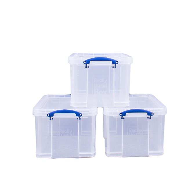 Really Useful Box Plastic Storage Box - 3 x 35 Litre Clear | Stackable | Secure Clip Handles 4