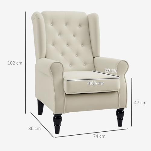 HOMCOM Retro Wingback Armchair - Snow Flannel, Button Tufted, Cream White | Supports 160kg 3