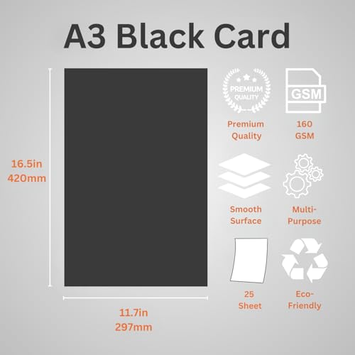 Hawksbill Premium Black Card Stock - A3 Size, 160 GSM, 25 Pack | Smooth Finish for Crafts 2
