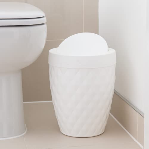 Addis 518030 Diamond Style Round Bathroom Bin | 5L Capacity | White Plastic | Swing Lid 5