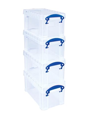 Really Useful Box Plastic Storage Box 2.1L Clear | Stackable with Lockable Lid | Pack of 4 2
