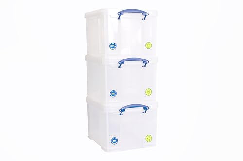 Really Useful Box Plastic Storage Box - 3 x 35 Litre Clear | Stackable | Secure Clip Handles 2