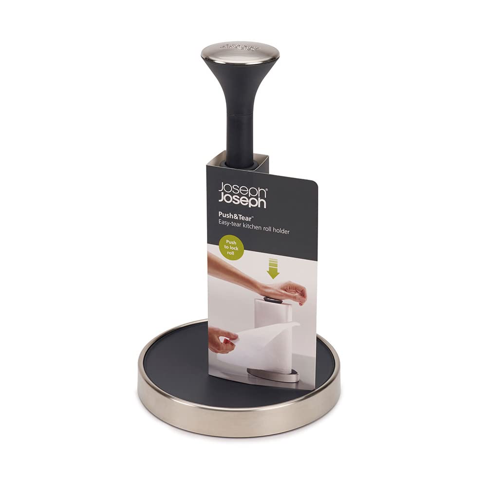 Joseph Joseph Push & Tear Paper Towel Holder - Easy One-Handed Tearing | Grey | Fits Rolls up to 24cm 6