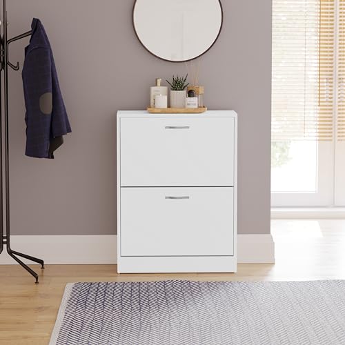 Vida Designs Wooden Shoe Cabinet - 2 Pull-Down Drawers | Slim, Space-Saving Entryway Storage | White 2