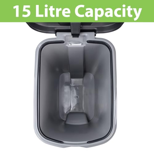 JVL Slim Plastic Lidded Foot Pedal Waste Bin - 15L Capacity | Grey | BPA Free 10