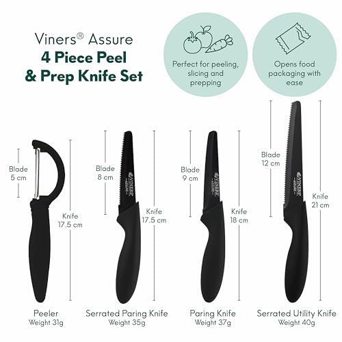 Viners Assure 4 Piece Peel and Prep Knife Set | Rust-Resistant Stainless Steel Blades | Safety Squared Tips 4