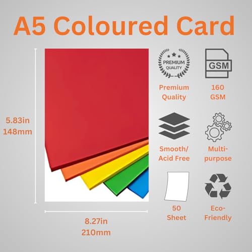 Hawksbill A5 Coloured Card 160 GSM - 50 Pack Rainbow Craft Stock | Printer Friendly 2