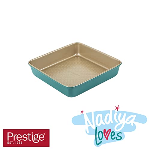Prestige x Nadiya Square Cake Tin for Baking - 9 Inch, Non-Stick Carbon Steel, Teal & Gold 10