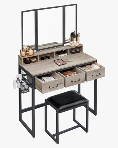 VASAGLE Industrial Design Dressing Table with 3-Piece Folding Mirror and Padded Stool | 3 Drawers | Greige/Black 11
