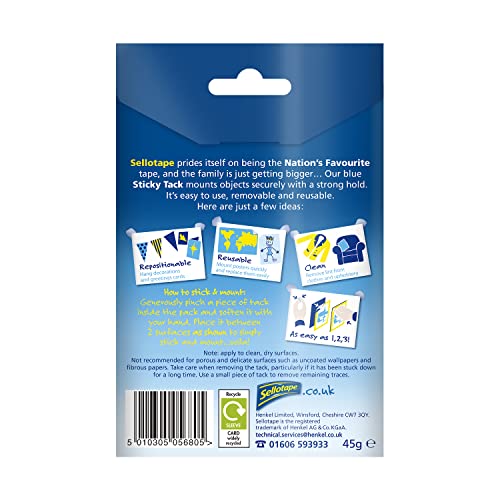 Sellotape Sticky Tack - Reusable Adhesive Putty for Home & Office | 45g Blue 2