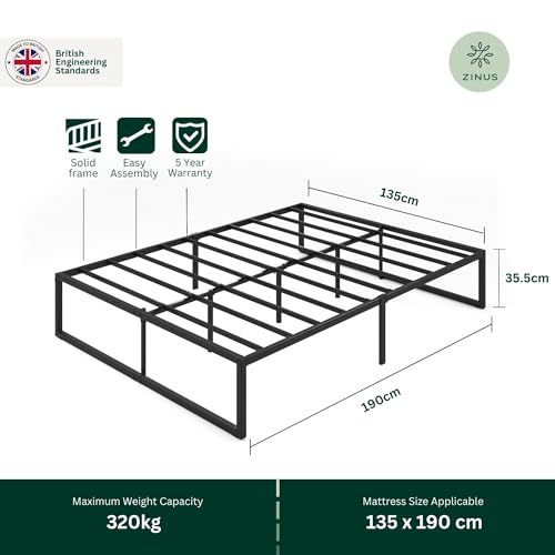 Zinus Lorelai Double Bed Frame - 135x190 cm Size | 36 cm Height | Black Metal
