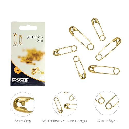 KORBOND Safety Pins - 36 Pack Gilt Assorted Sizes for Light Fabrics | Hardened Steel 3