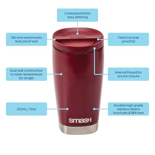 Smash Stainless Steel Travel Coffee Mug - 355ml | Leak Proof | Keeps Drinks Hot Up To 5 Hours 3