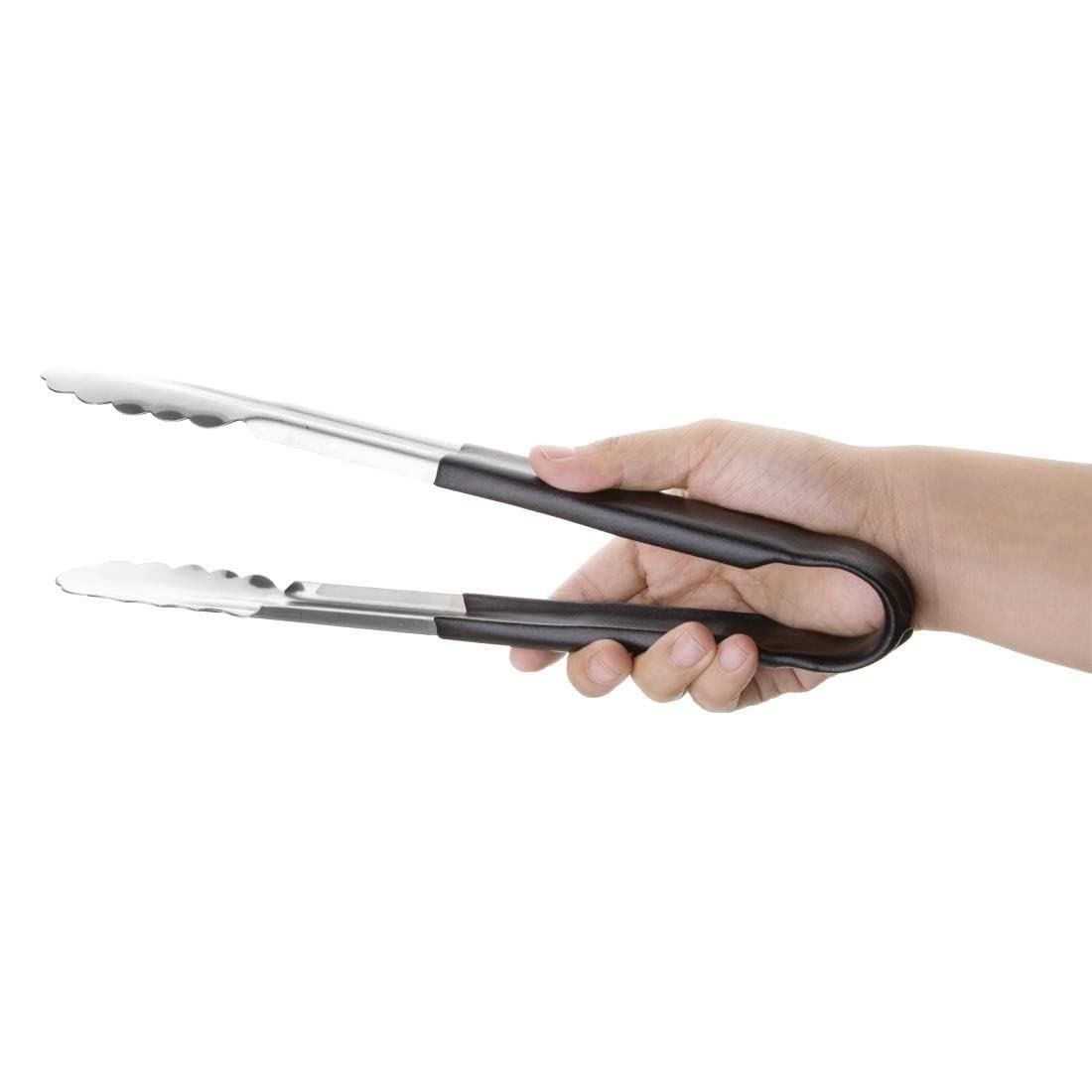Hygiplas Stainless Steel Colour Coded Serving Tongs - Black | 300mm Length | Ergonomic Grip 8