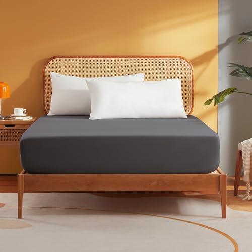 Sonive Double Fitted Sheet - Deep Pocket 11.8 inch, Soft Brushed Polyester (145gsm), Dark Grey, 135 x 190 cm