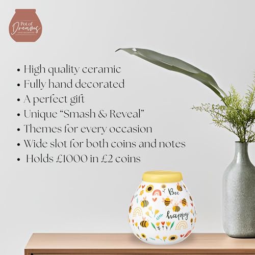 Pot Of Dreams Hand Painted Bee Happy Kids Save And Smash Ceramic Money Box | Holds up to £1000 3