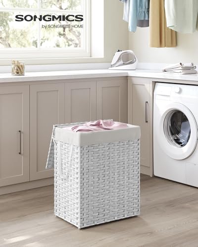 SONGMICS Handwoven Laundry Basket - 90L Capacity, Foldable, White Synthetic Rattan Hamper with Lid 10