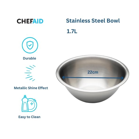 Chef Aid Stainless Steel Mixing Bowl - 1.7L Capacity, 22 cm Diameter | Rust Resistant 2