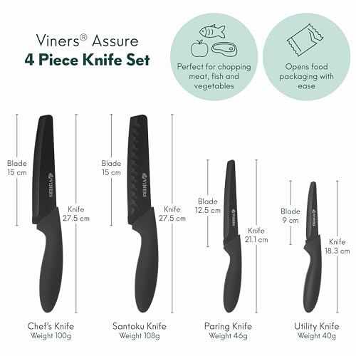 Viners Assure 4 Piece Knife Set | Stainless Steel Blades with Squared Tips | Soft Grip Handles 4