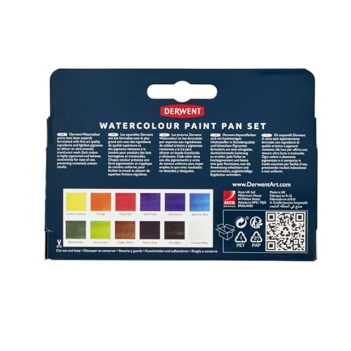 Derwent Watercolour Paint Pan Set - 12 Half Pans | Ultra-Smooth Finish | Includes Waterbrush 3