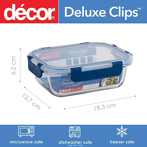 Décor Deluxe Clips Glass Food Storage Container - 630ml, Split Compartment, Leakproof, BPA Free