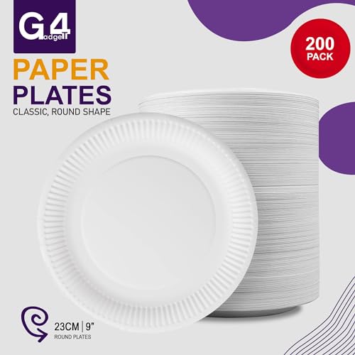 G4GADGET 200 Count Paper Plates - 9 Inch (23cm) Disposable Dishes for Hot/Cold Food