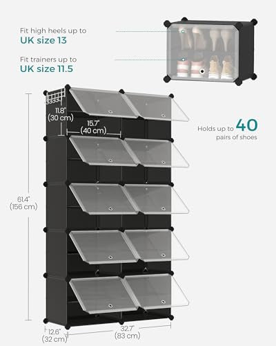 SONGMICS Modular Shoe Rack - 10 Slots Storage Unit | Steel Frame | Black | 30x40x30 cm per Slot 10