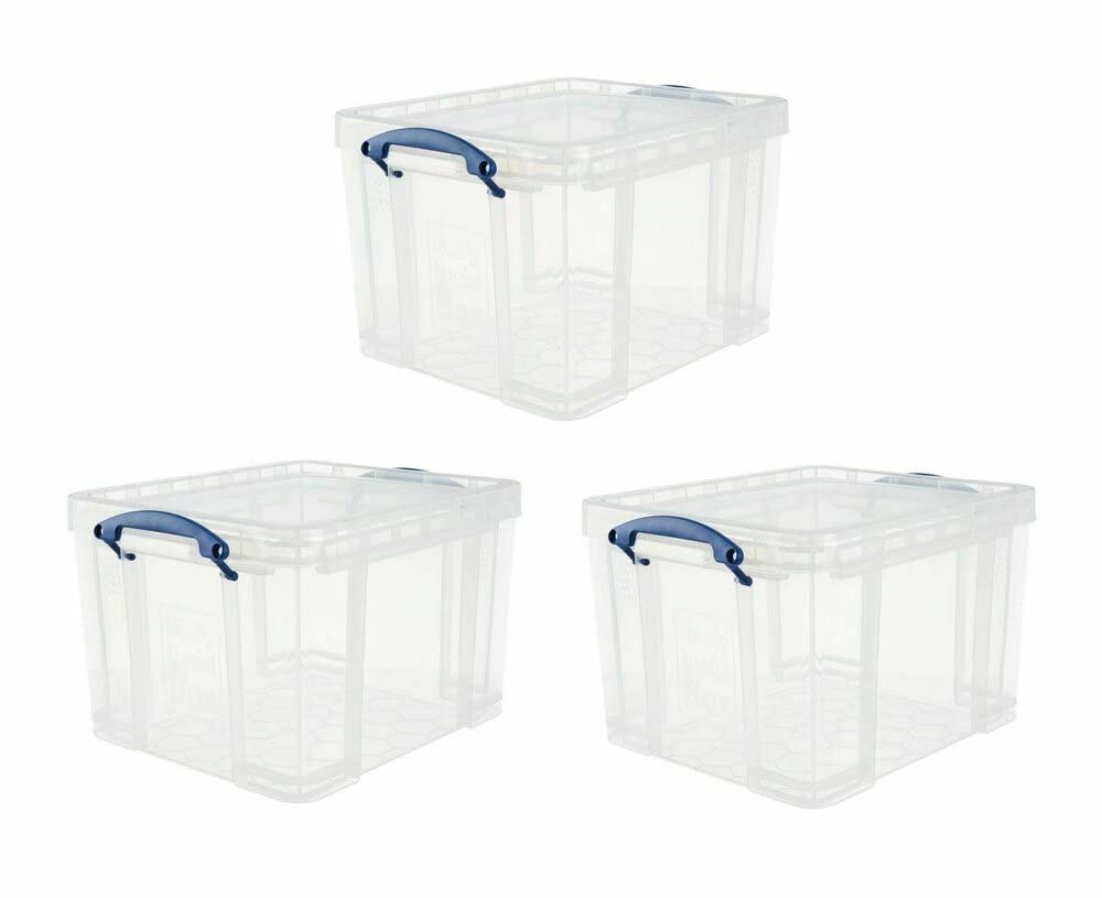 Really Useful Box Plastic Storage Box - 3 x 35 Litre Clear | Stackable | Secure Clip Handles 7