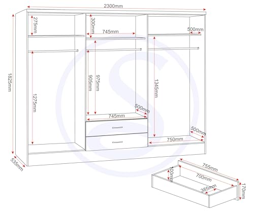 Seconique Nevada 6 Door 2 Drawer Mirrored Wardrobe | White Gloss | W 230cm 3