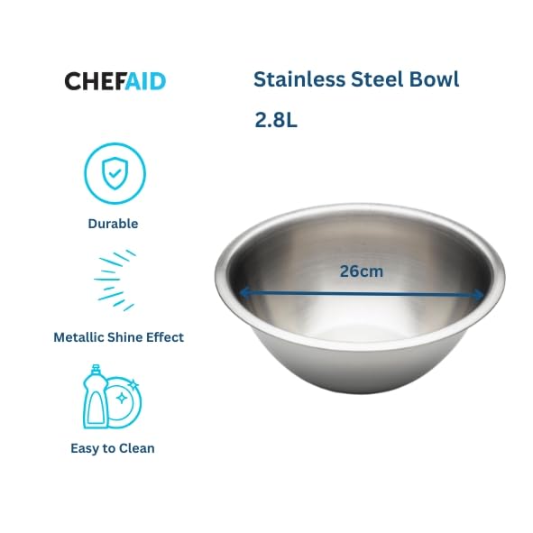 Chef Aid Stainless Steel Mixing Bowl - 2.8L Capacity | 26 cm Diameter | Dishwasher Safe 2