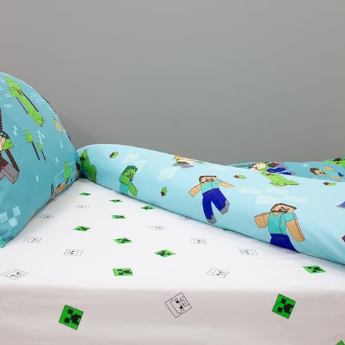 Minecraft Single Fitted Sheet - Official Licensed Creeper/Steve Design | 90 x 200 x 26cm | Polycotton 2