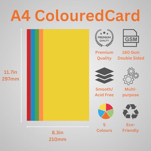 Hawksbill A4 Coloured Card Stock - 160GSM Rainbow Craft Paper | 50 Pack 3