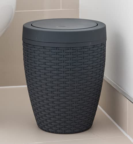 Addis Faux Rattan Round Swing Lid Bathroom Bin - Charcoal | 5L Capacity | Plastic 8