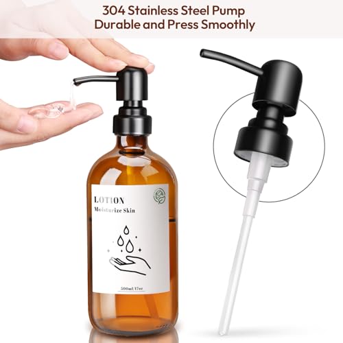 Euqvunn 500ml Amber Glass Soap Dispenser - 2 Pack Refillable Pump Bottles with Stainless Steel Pump
