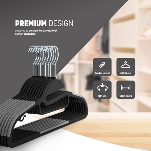 KEPLIN 50 Pack Non-Slip Plastic Hangers - Slimline Space Saving Design | 360° Hooks | Black 3