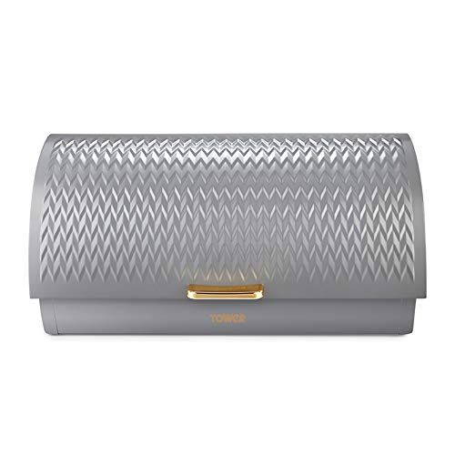 Tower T826090GRY Empire Roll Top Bread Bin - Stainless Steel, Grey/Brass | Large Capacity | Ventilated 1