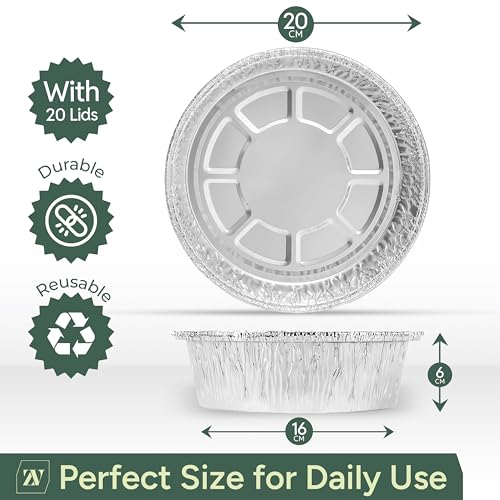 Zuvo Round Aluminium Containers - Pack of 20 Foil Flan Cases with Paper Lid | Freezer Safe