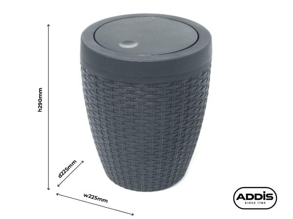 Addis Faux Rattan Round Swing Lid Bathroom Bin - Charcoal | 5L Capacity | Plastic 4