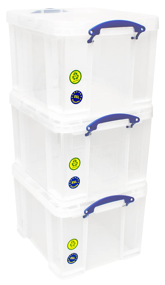 Really Useful Box Plastic Storage Box - 3 x 35 Litre Clear | Stackable | Secure Clip Handles 6