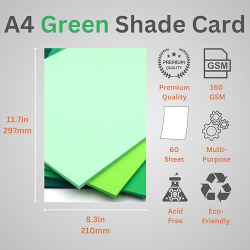Hawksbill A4 Green Card Stock - 220gsm, 60 Sheets, 5 Shades | Compatible with Cutting Machines 2