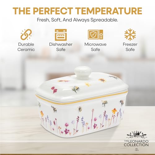 The Leonardo Collection Jennifer Rose Busy Bees Ceramic Butter Dish with Lid | 170x90x100mm | Dishwasher Safe 2