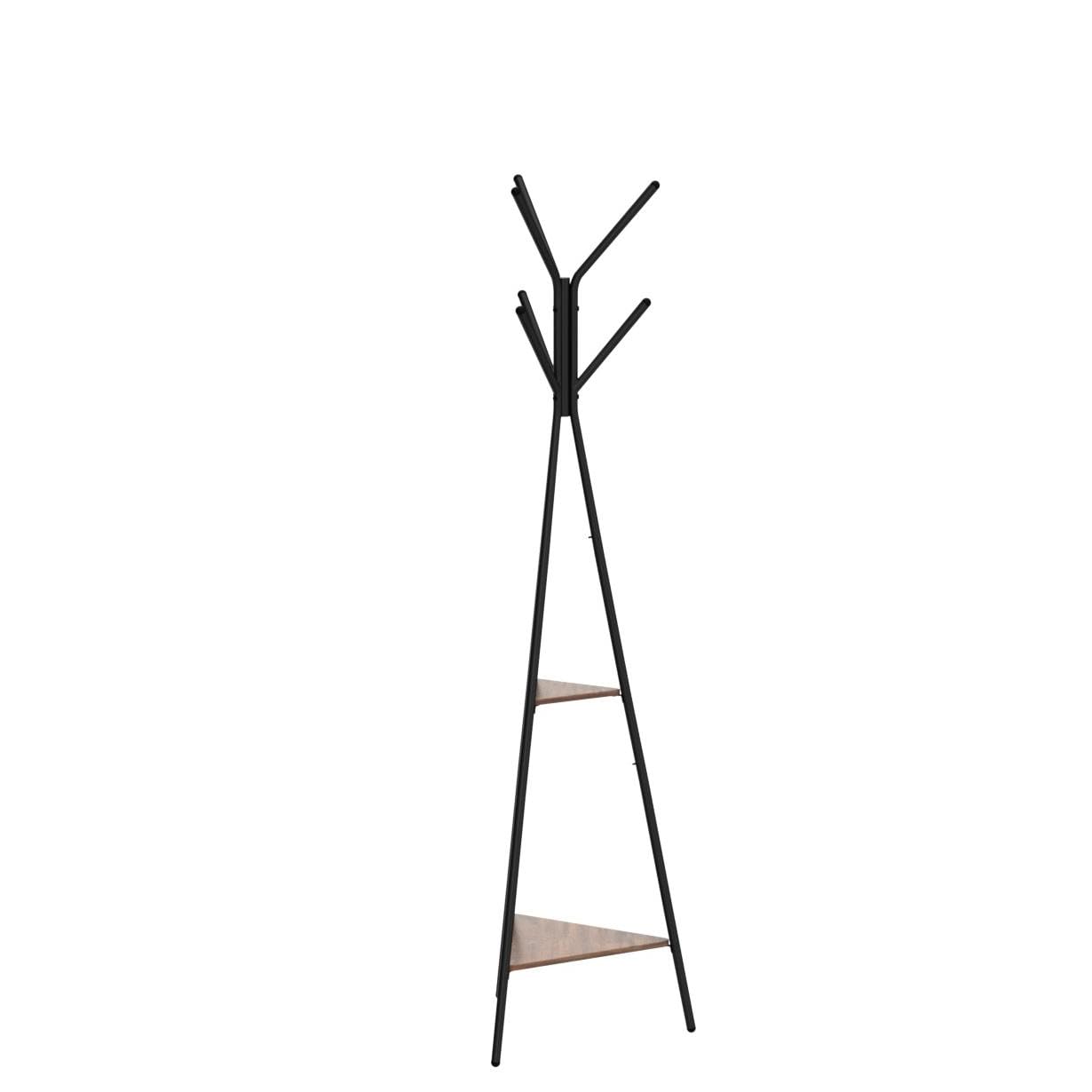 VASAGLE Industrial Style Coat Rack Stand with 6 Hooks and 2 Triangular Shelves | Steel & Fiberboard | 49.5x49.5x179 cm 4
