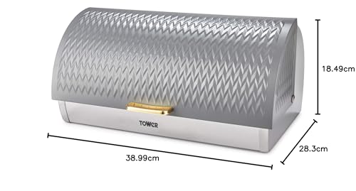 Tower T826090GRY Empire Roll Top Bread Bin - Stainless Steel, Grey/Brass | Large Capacity | Ventilated 11