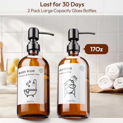 Euqvunn 500ml Amber Glass Soap Dispenser - 2 Pack Refillable Pump Bottles with Stainless Steel Pump 3