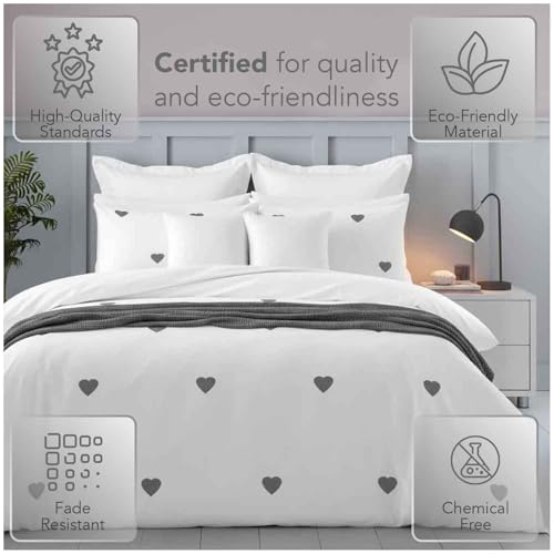 GC GAVENO CAVAILIA Luxury Polycotton Duvet Cover Set with Embroidered Heart | King Size | White/Charcoal 10