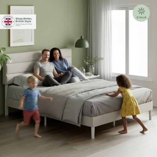 Zinus Piper King Upholstered Bed Frame with Headboard - Off White | 150x200 cm | Steel Frame 3