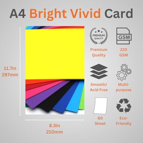 Hawksbill A4 Card Stock - 10 Vivid Colours, 220gsm, 60 Sheets for Crafts & Cutting Machines 2